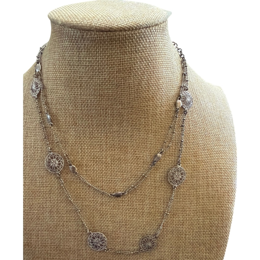 Silver Tone Double Strand Filigree Medallion Long Station Necklace Boho Layering